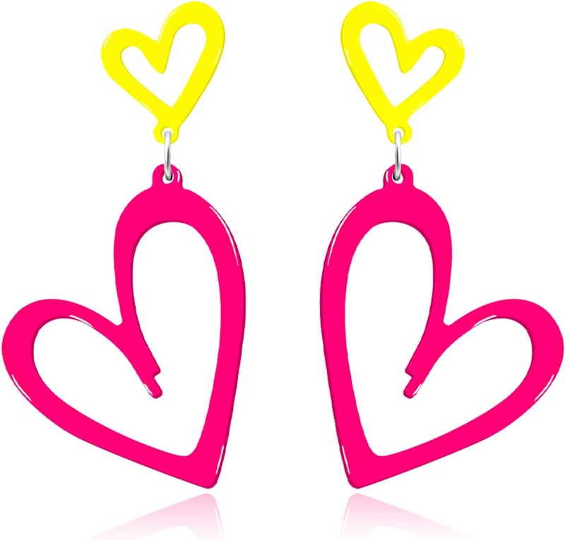 HOLYRY Neon Heart Earrings for Women Acrylic Neon Earrings 80s 90s Outfit for Women Glow Party Accessories Gifts Hot Pink Orange Green Yellow - Image 1